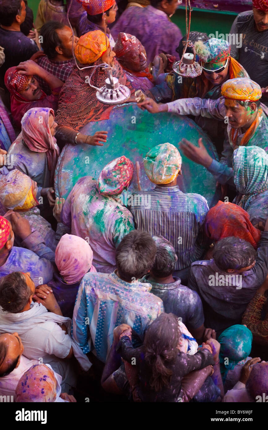 Drum in temple during Holi festival, Mathura, Uttar Pradesh, India Stock Photo