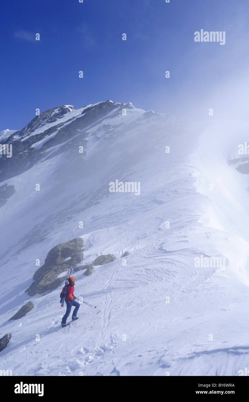 Woman ascending to mount Rotes Beil, Pfitschertal, Zillertal Alps ...