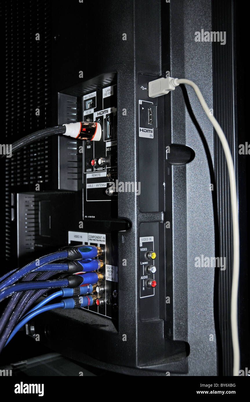 ports on the back of an internet ready television showing ethernet port and other video input ports Stock Photo
