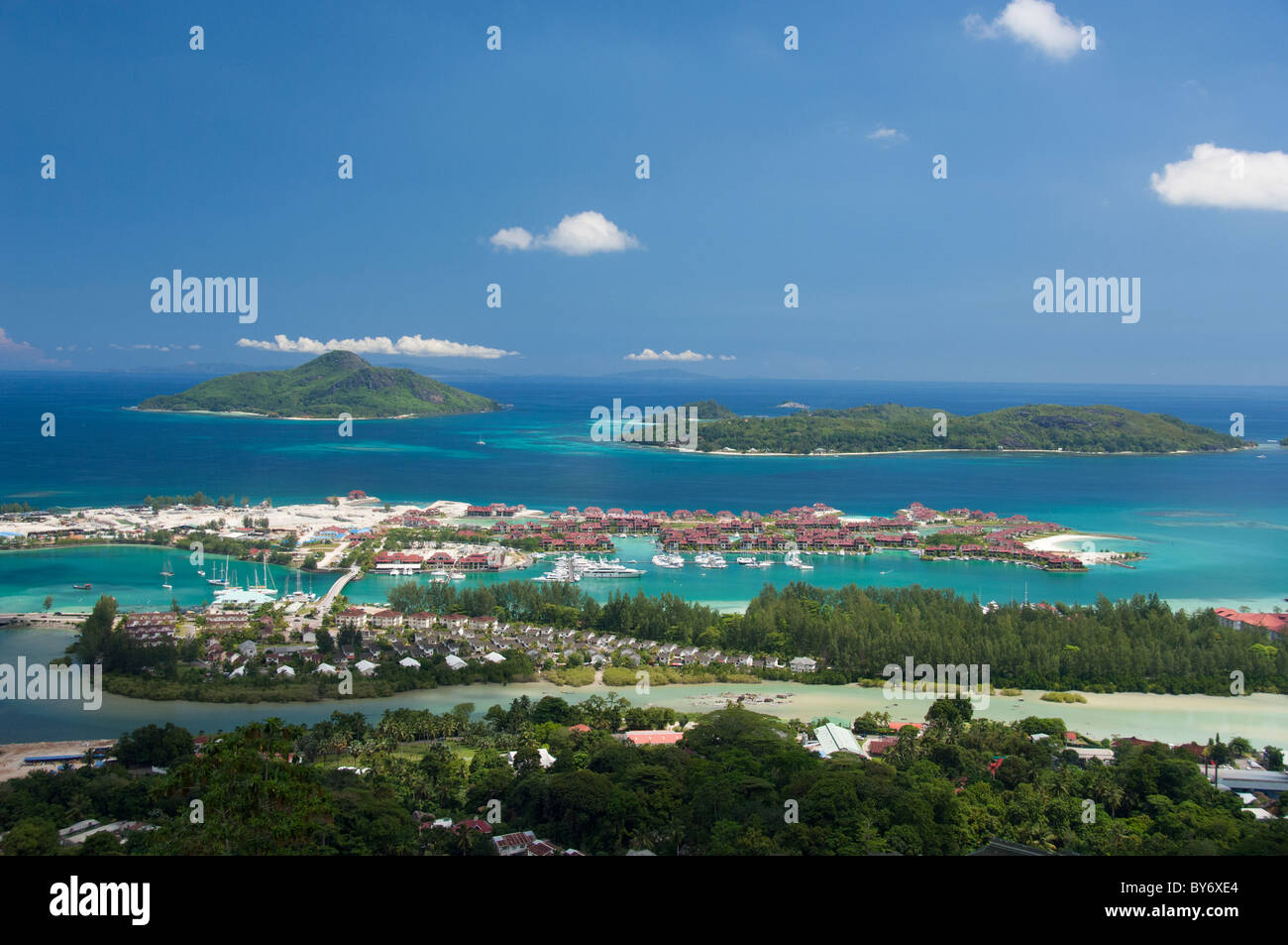 Seychelles, Island of Mahe. Capital city of Victoria. Eden Island, man-made island resort area. Stock Photo
