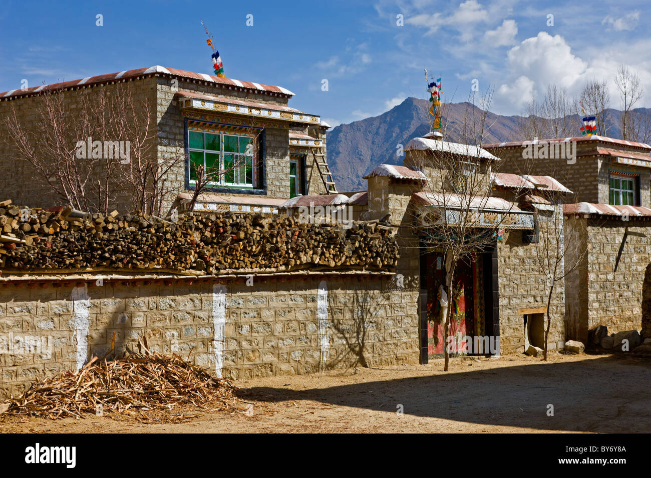 House in Tibetan village on the road from Lhasa Airport at Gonggar to