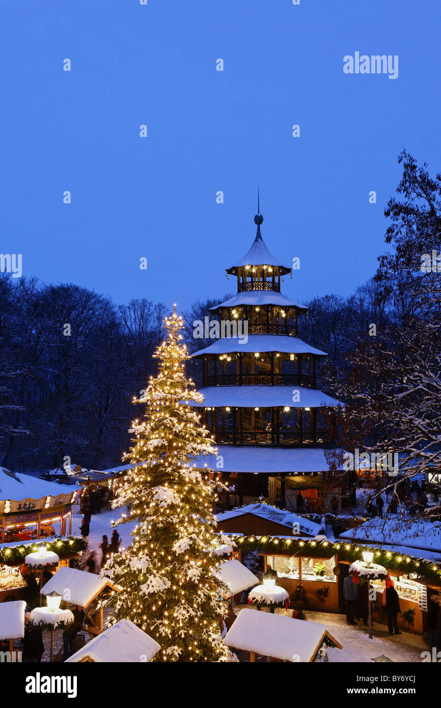 Christmas market at the Chinese Tower, Chinesischer Turm, Englischer Garten, Munich, Bavaria, Germany Stock Photo