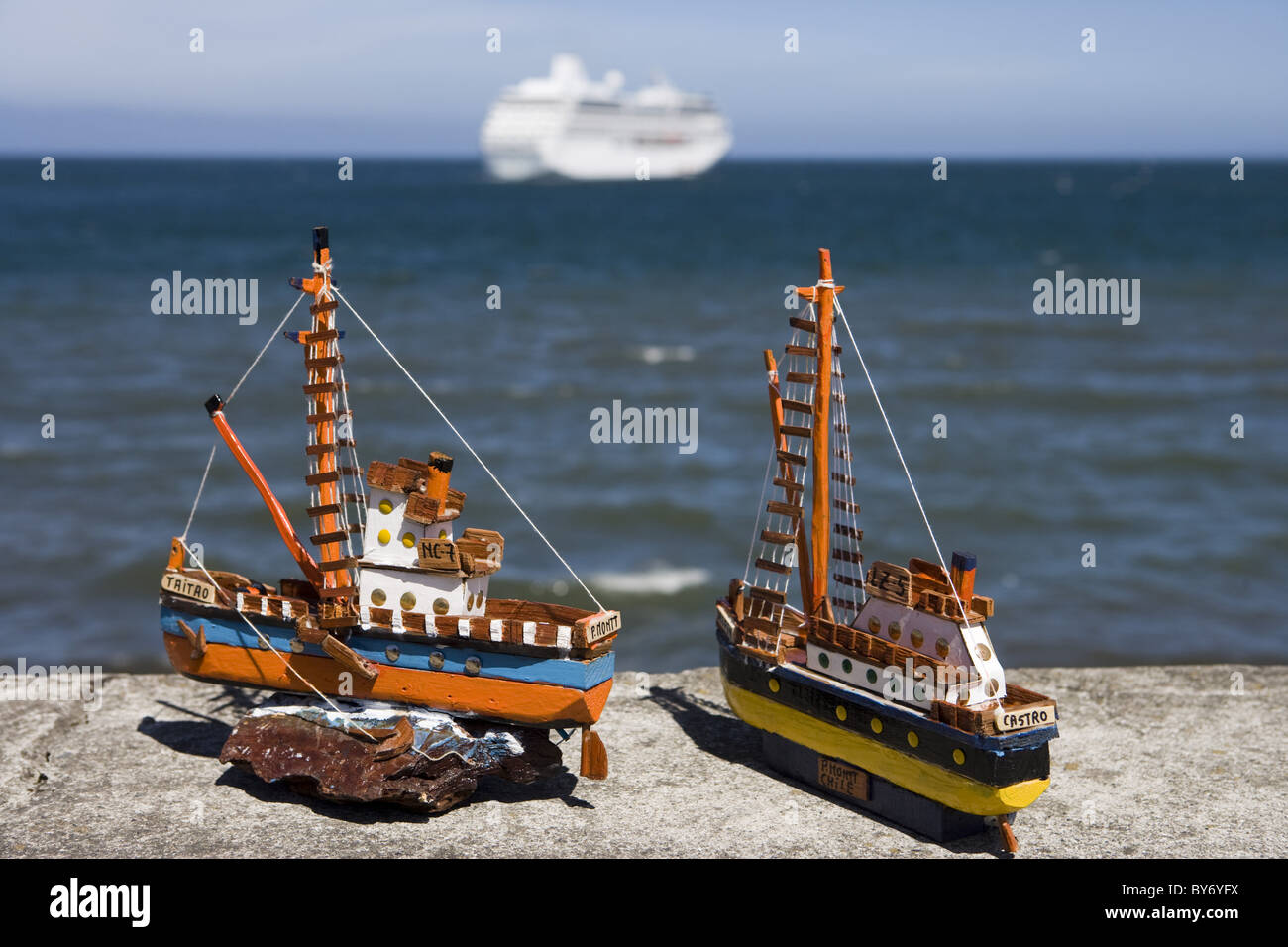 Fishing boat models and cruiseship Insignia (Oceania Cruises) in a