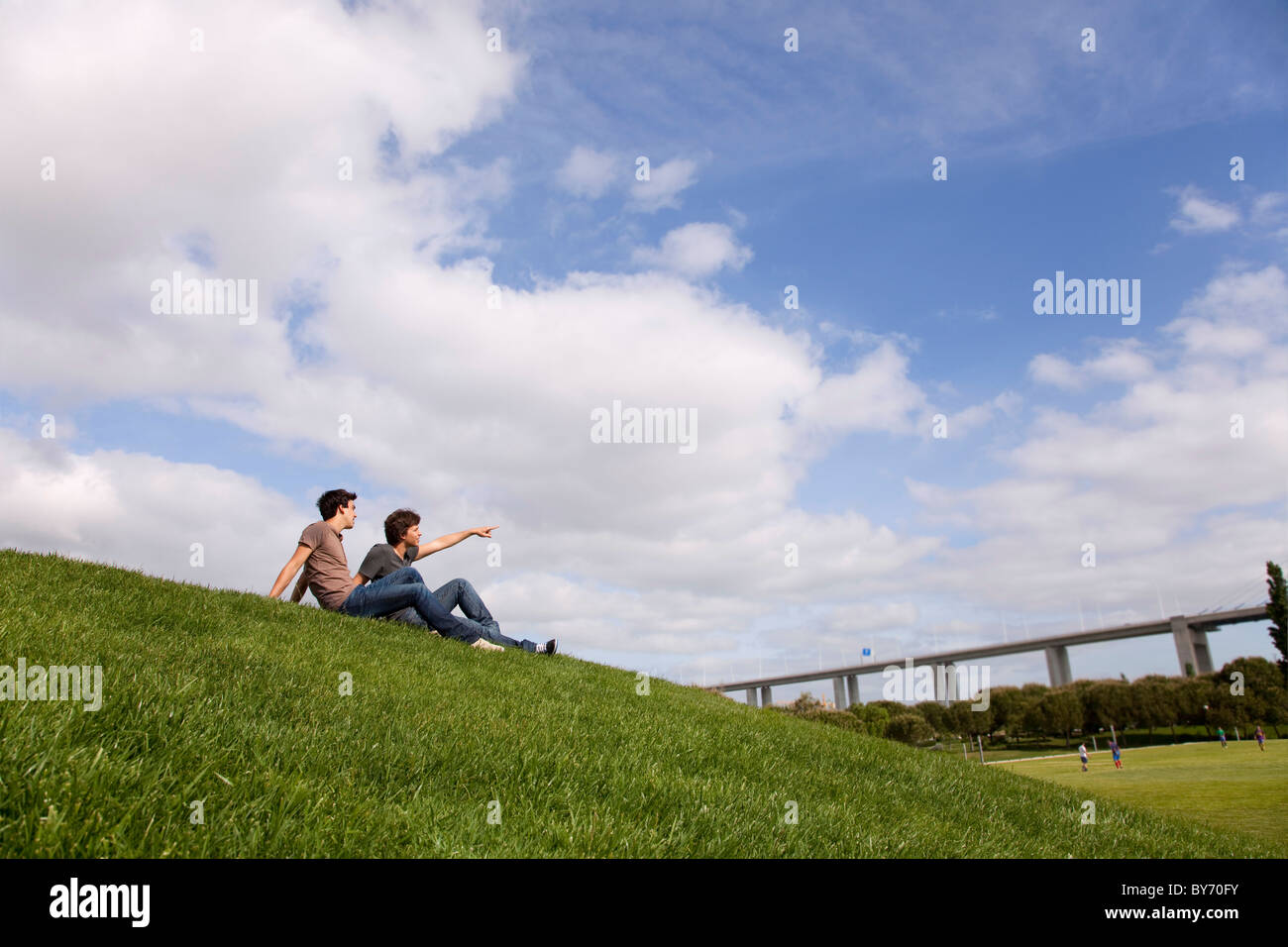Two young men sited on the grass looking away Stock Photo - Alamy