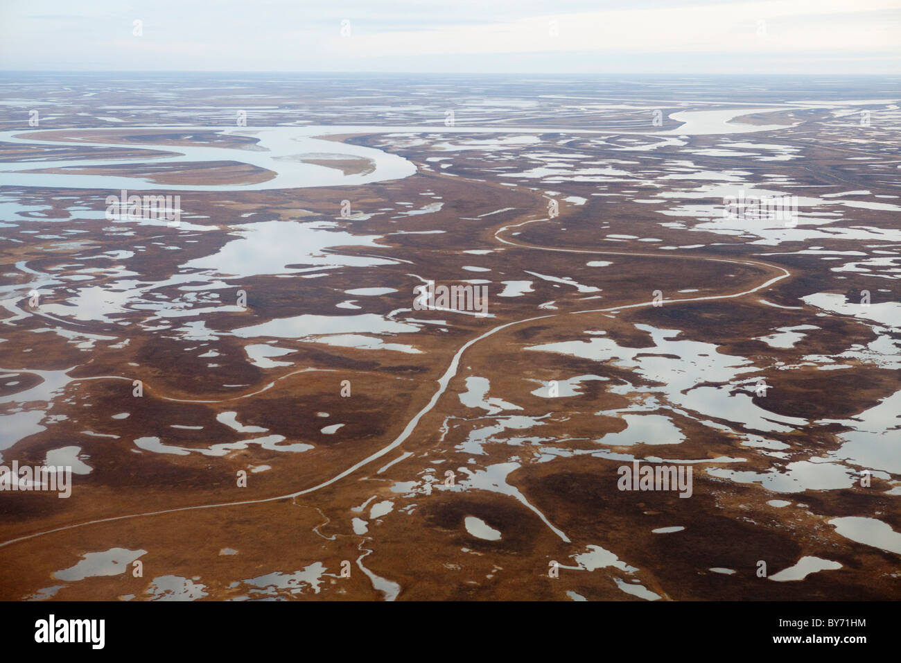 Aerial vews over the Yamal Peninsula in Western Siberia , Russia home to the Nenet tribes of nomadic reindeer herders. Stock Photo