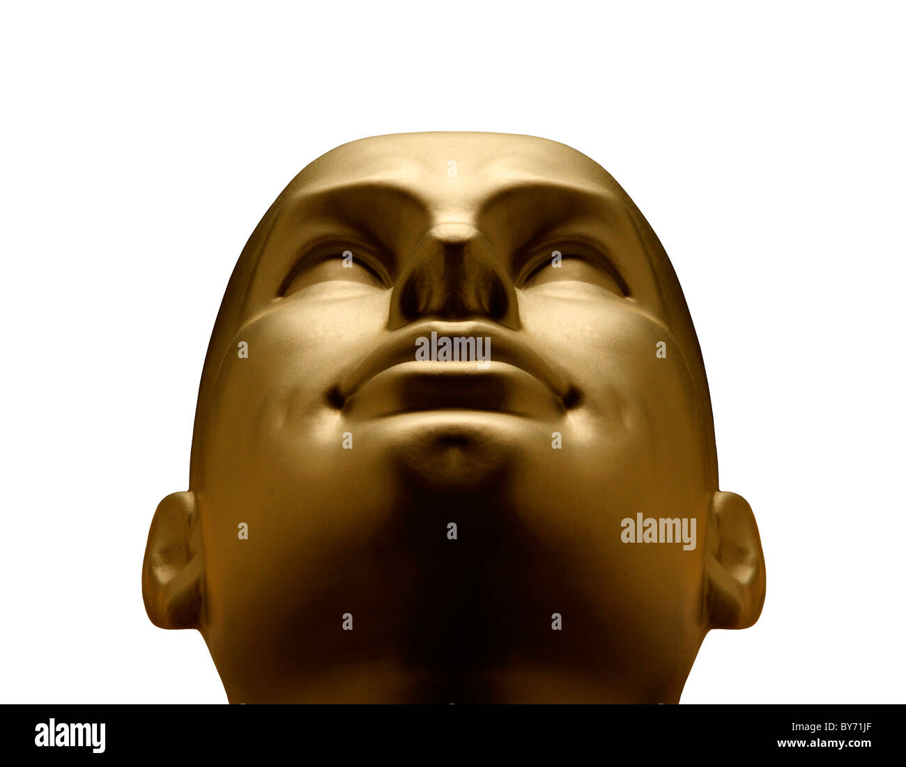 Gold mannequin head looking up against white background Stock Photo