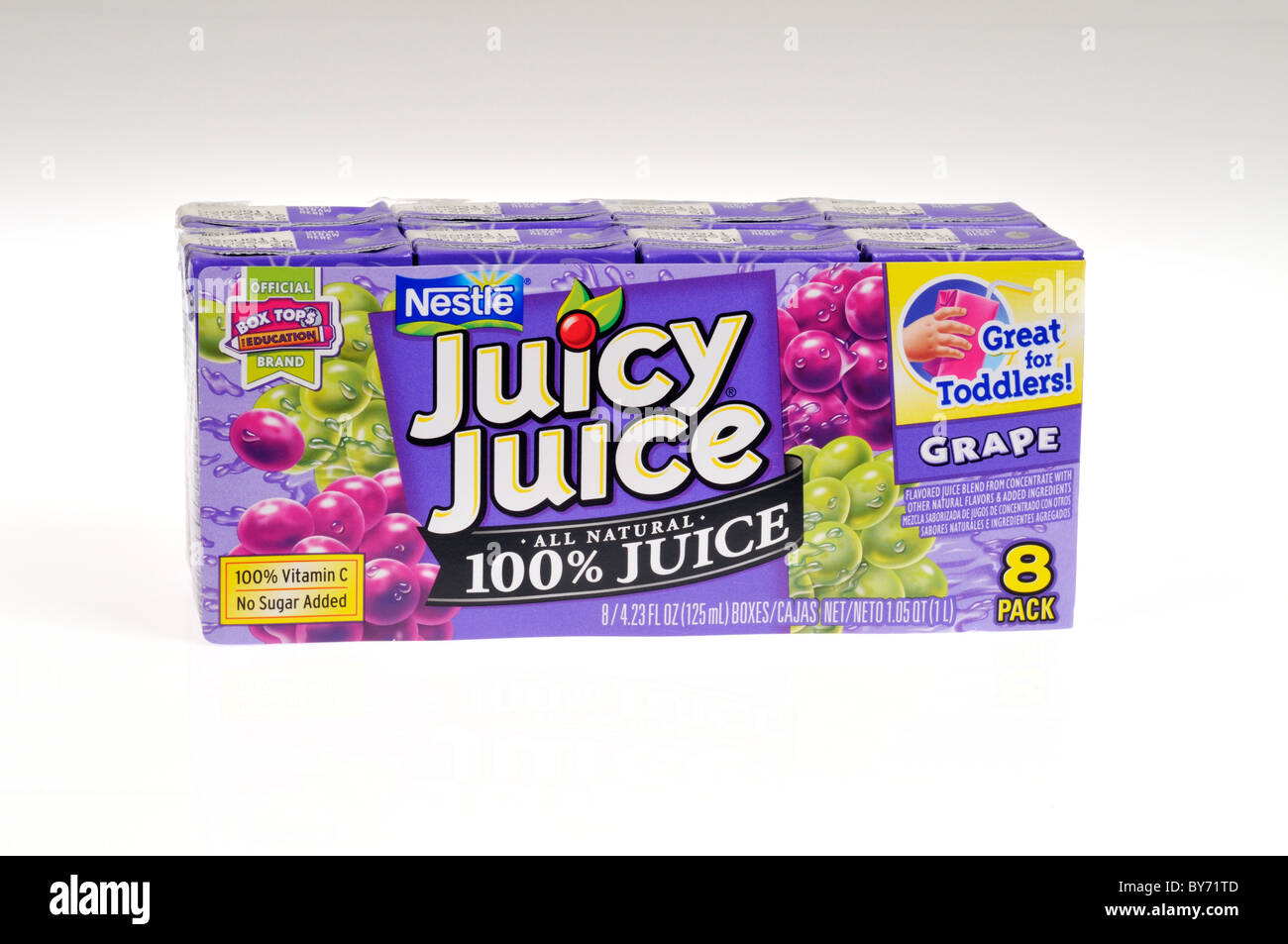 A pack of Nestle Juicy Juice juice boxes on white background, cutout. Stock Photo