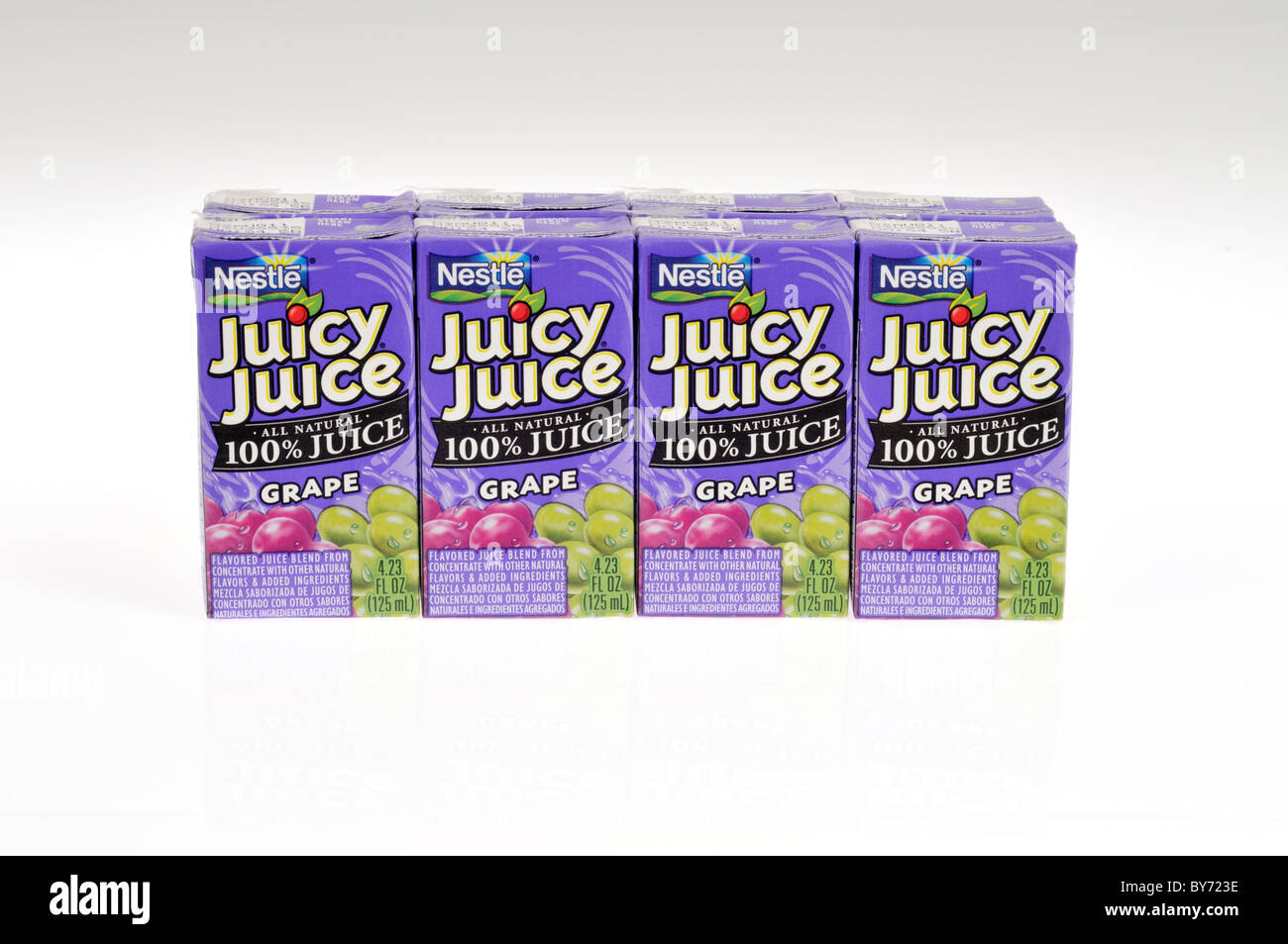 A pack of Nestle Juicy Juice juice boxes on white background cut out. Stock Photo
