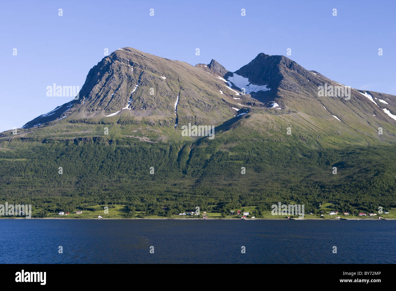 Coastal Living and Mountain, near Tromso, Troms, Norway, Europe Stock Photo
