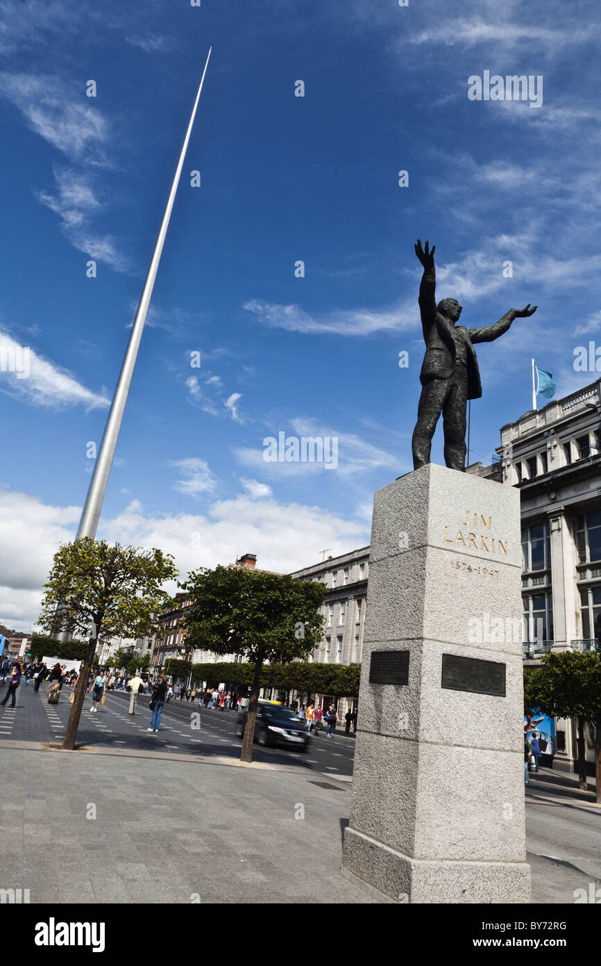Statue of Jim Larkin and the Spire, O'Connell Street, Dublin, County Dublin, Ireland Stock Photo