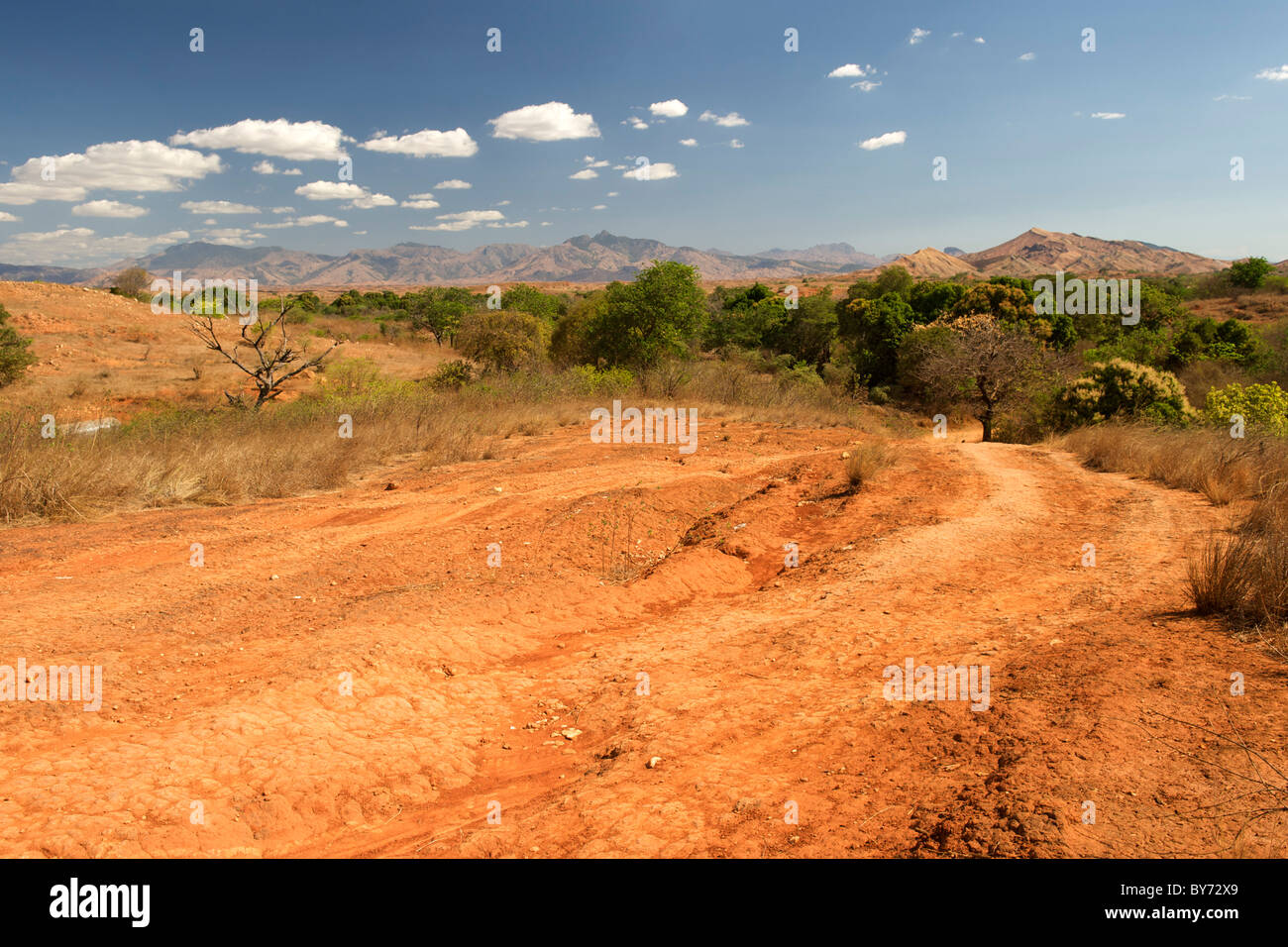View of the landscape and the seasonal Vohemar-Ambilobe road in northeast Madagascar. Stock Photo