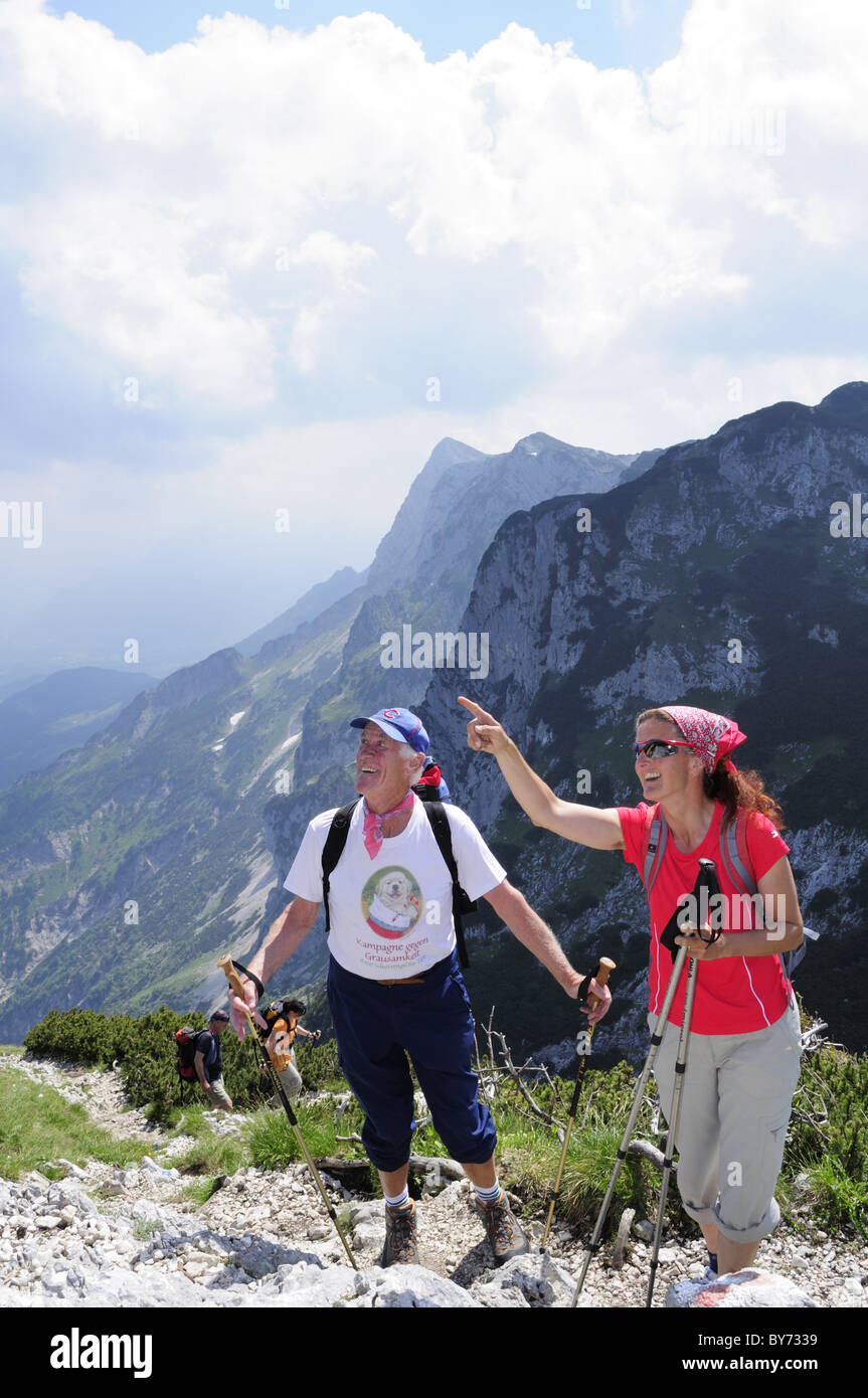 Mountain hikers ascending, Salzburger Hochthron, Untersberg, Berchtesgaden Alps, Berchtesgaden, Upper Bavaria, Bavaria, Germany Stock Photo