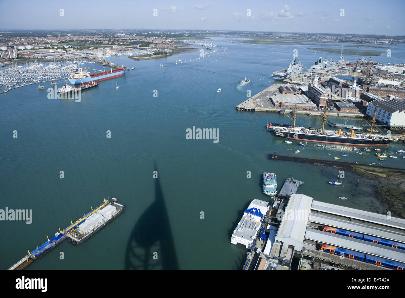 View over Portsmouth Historic Dockyard in the sunlight, Portsmouth, Hampshire, England, Europe Stock Photo