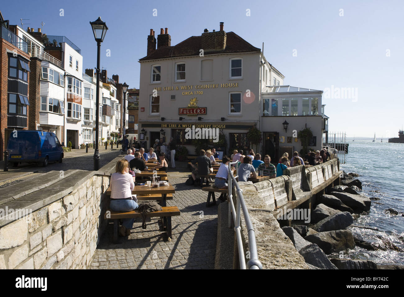 People outside The Still and West Country House Pub in Old Portsmouth, Portsmouth, Hampshire, England, Europe Stock Photo