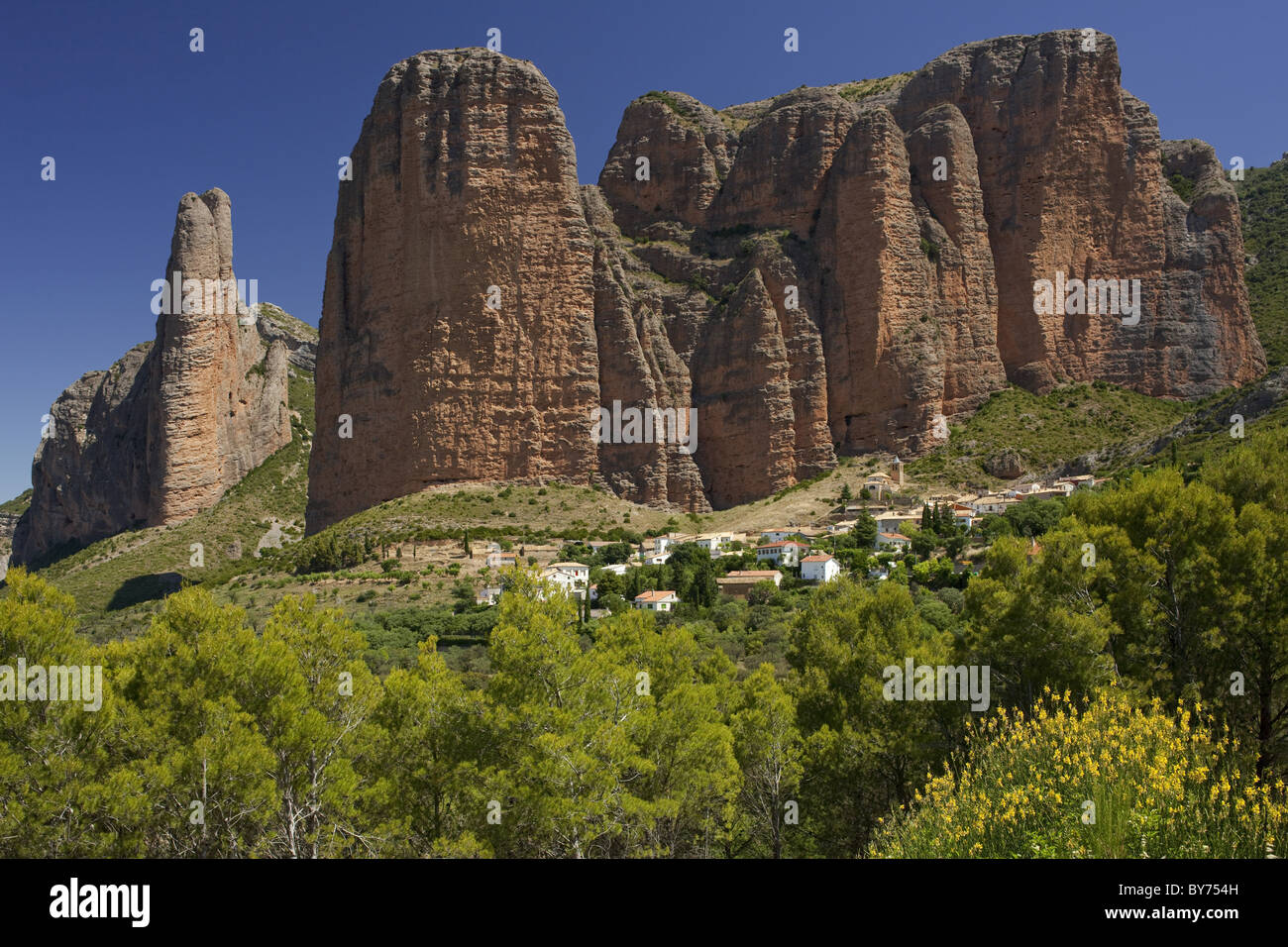 Rock formations in Los Mallos de Riglos, near Riglos, Rio Gallego, Camino Frances, Way of St. James, Camino de Santiago, pilgrim Stock Photo