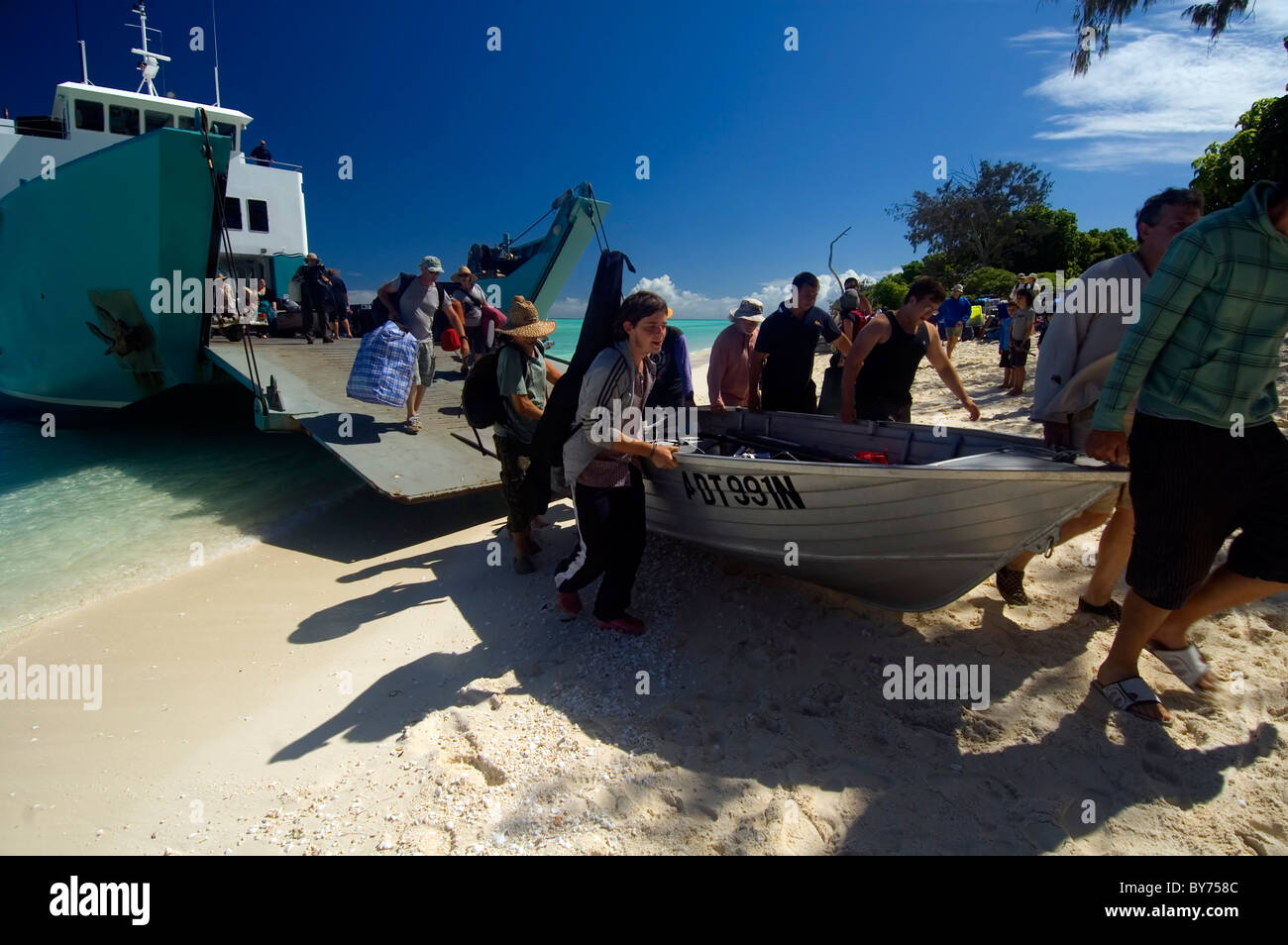 Resupply barge beached on North West Island, Capricorn Bunker Group, southern Great Barrier Reef Marine Park, Australia Stock Photo