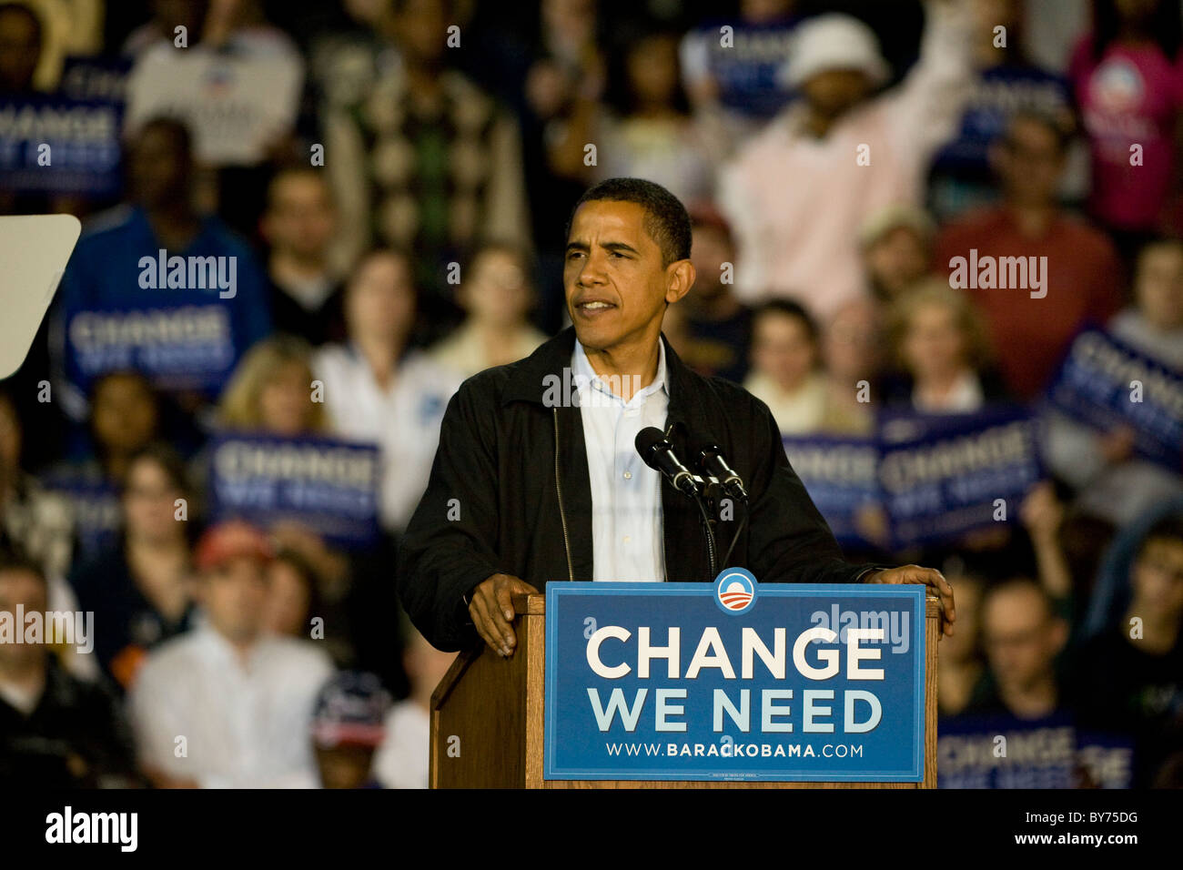 President Obama at a Rally at the University of Cincinnati in Cincinnati Ohio two days before the 2008 Presidential election. Stock Photo