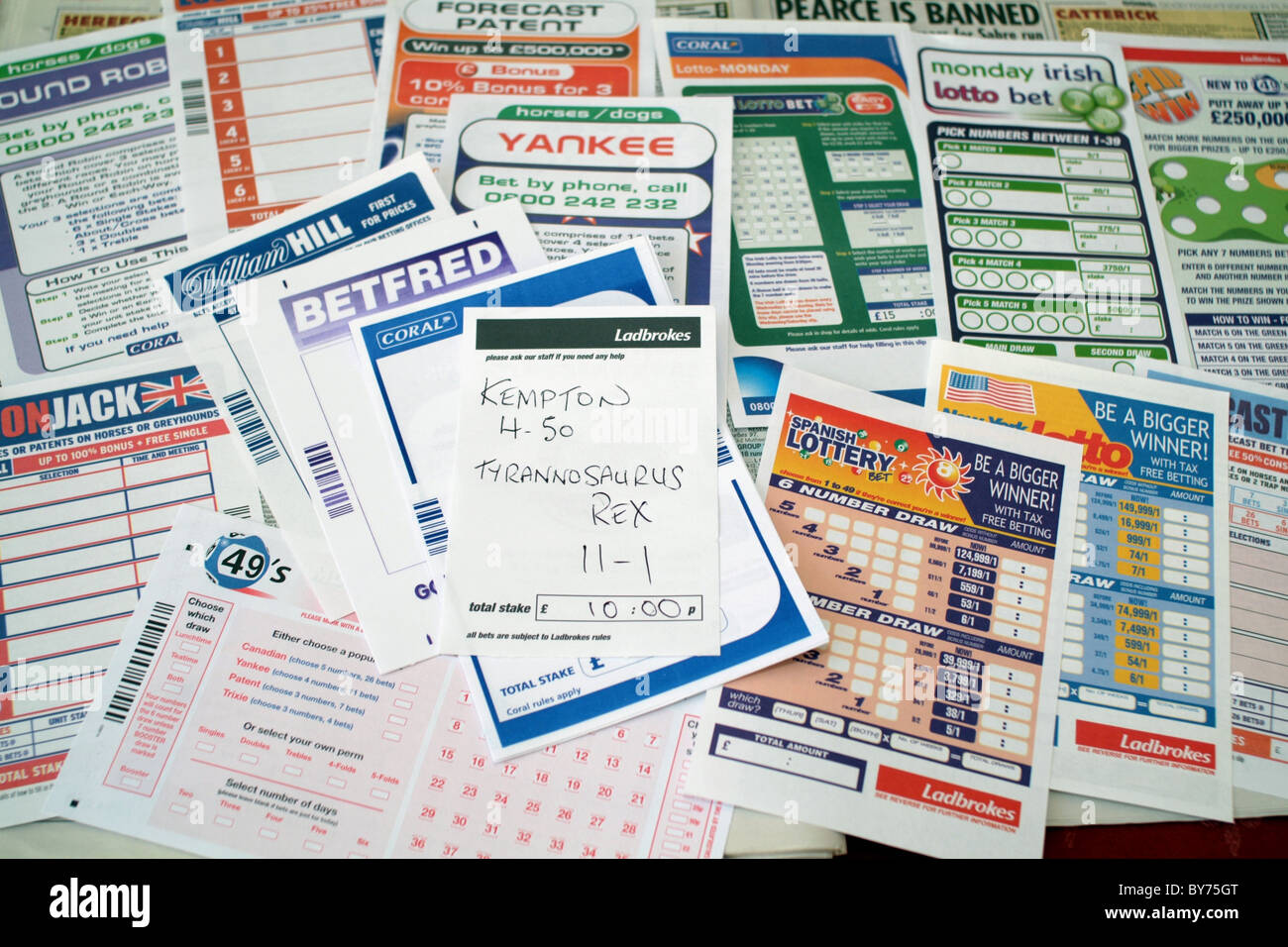 betting & lottery slips on the racing pages of a newspaper Stock Photo