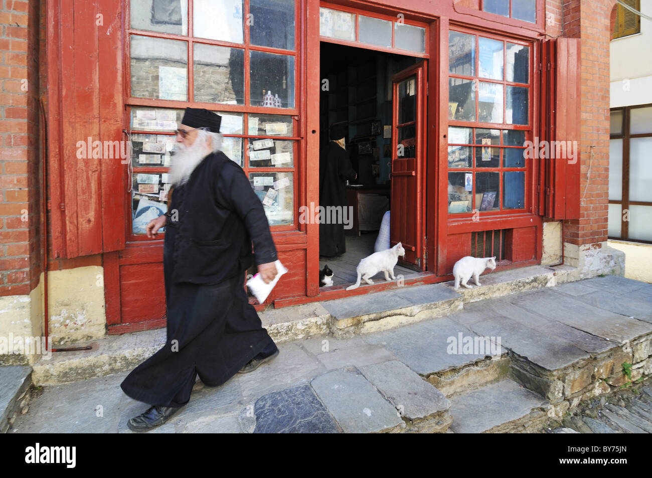 Monk in front of a shop in Karies, Athos mountain, Chalkidiki, Greece Stock Photo