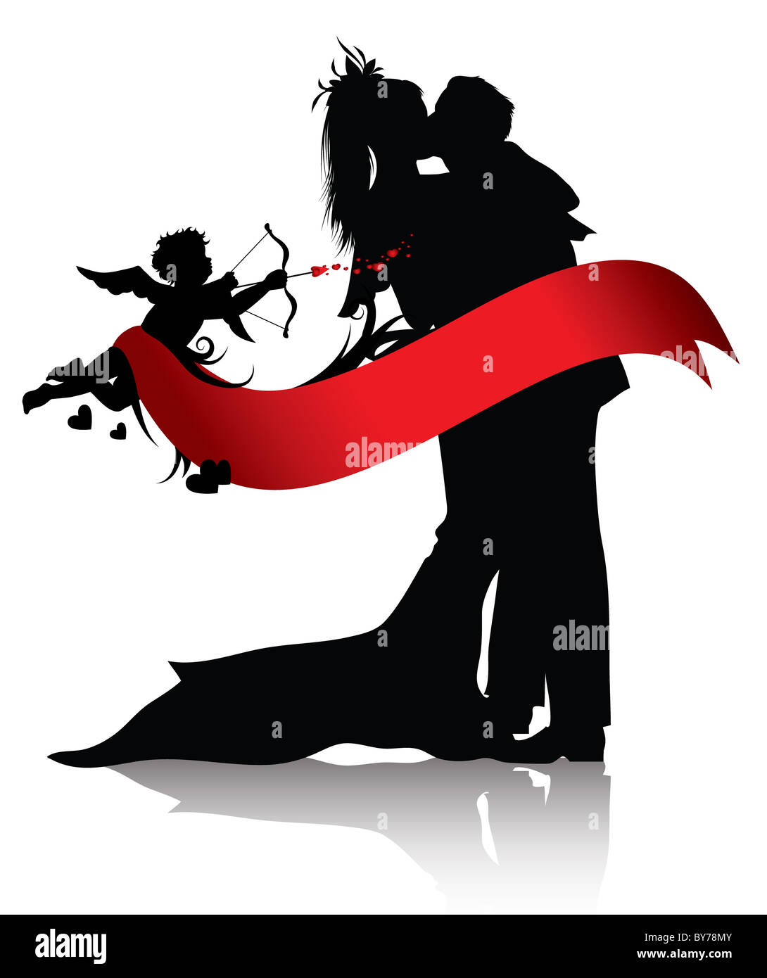 Silhouettes of couple and cupid with red banner isolated on white background.You can find similar images in portfolio Stock Photo