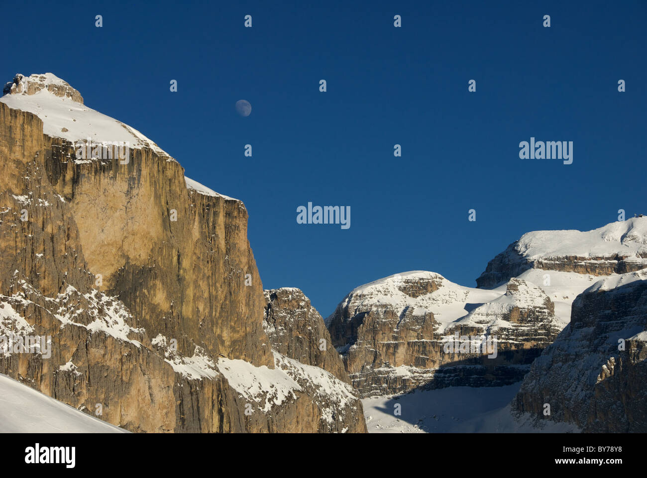 Moon Rising over the Sella Massif, Dolomites, Italy Stock Photo