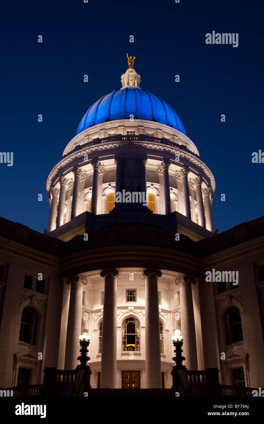 Wisconsin State Capital in Madison in Blue to raise awareness for the prevention of child abuse and neglect Stock Photo