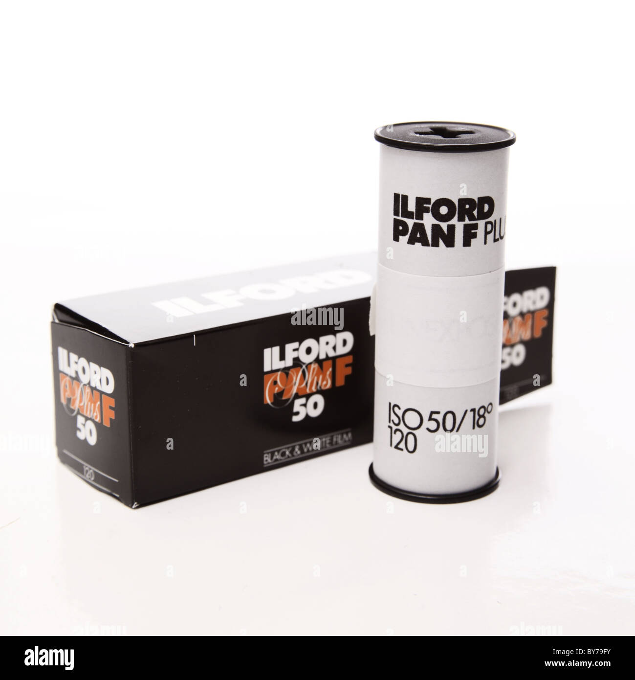 Ilford Pan F Roll film on a white background Stock Photo