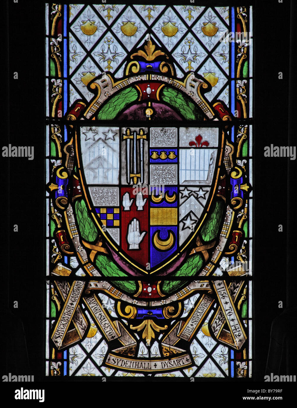 A stained glass window depicting Heraldic Glass, Parish Church of St Laurence, Napton, Warwickshire Stock Photo