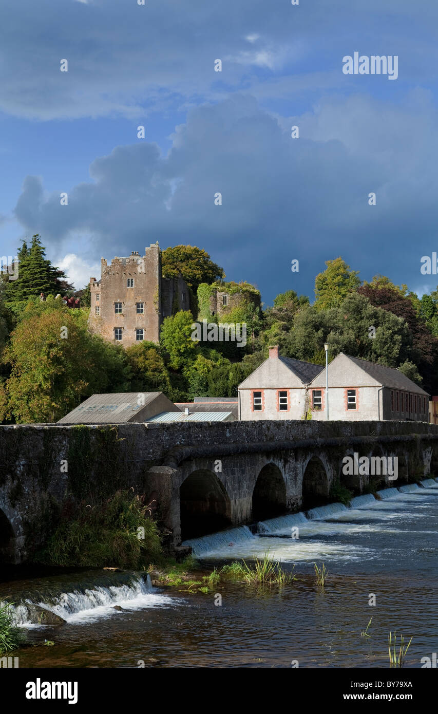 Castle built by King John in 1186 to guard the river crossing and 15 arch bridge over the River Suir, Ardfinnan, County Tipperary, Ireland Stock Photo