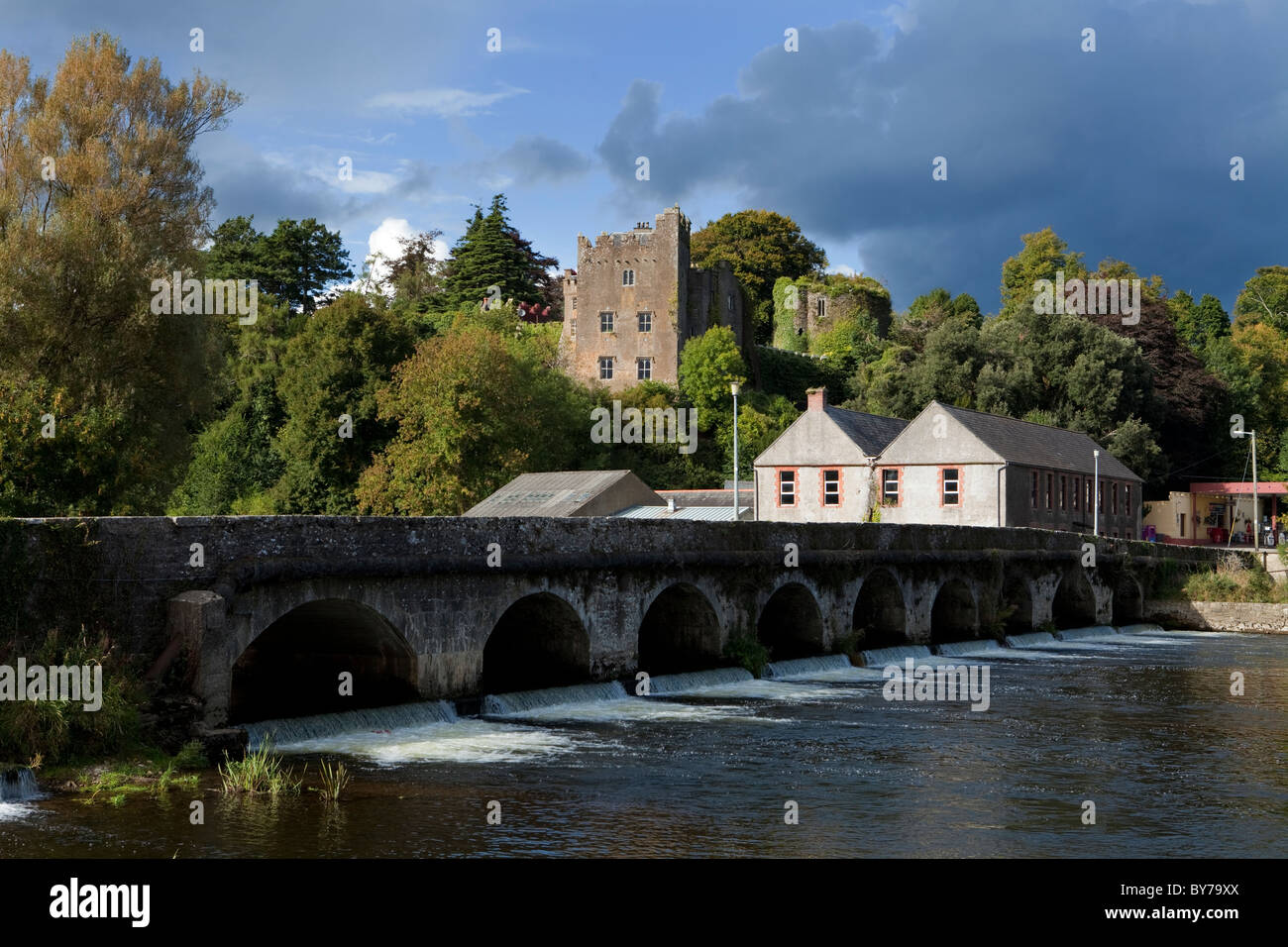 Castle built by King John in 1186 to guard the river crossing and 15 arch bridge over the River Suir, Ardfinnan, County Tipperary, Ireland Stock Photo