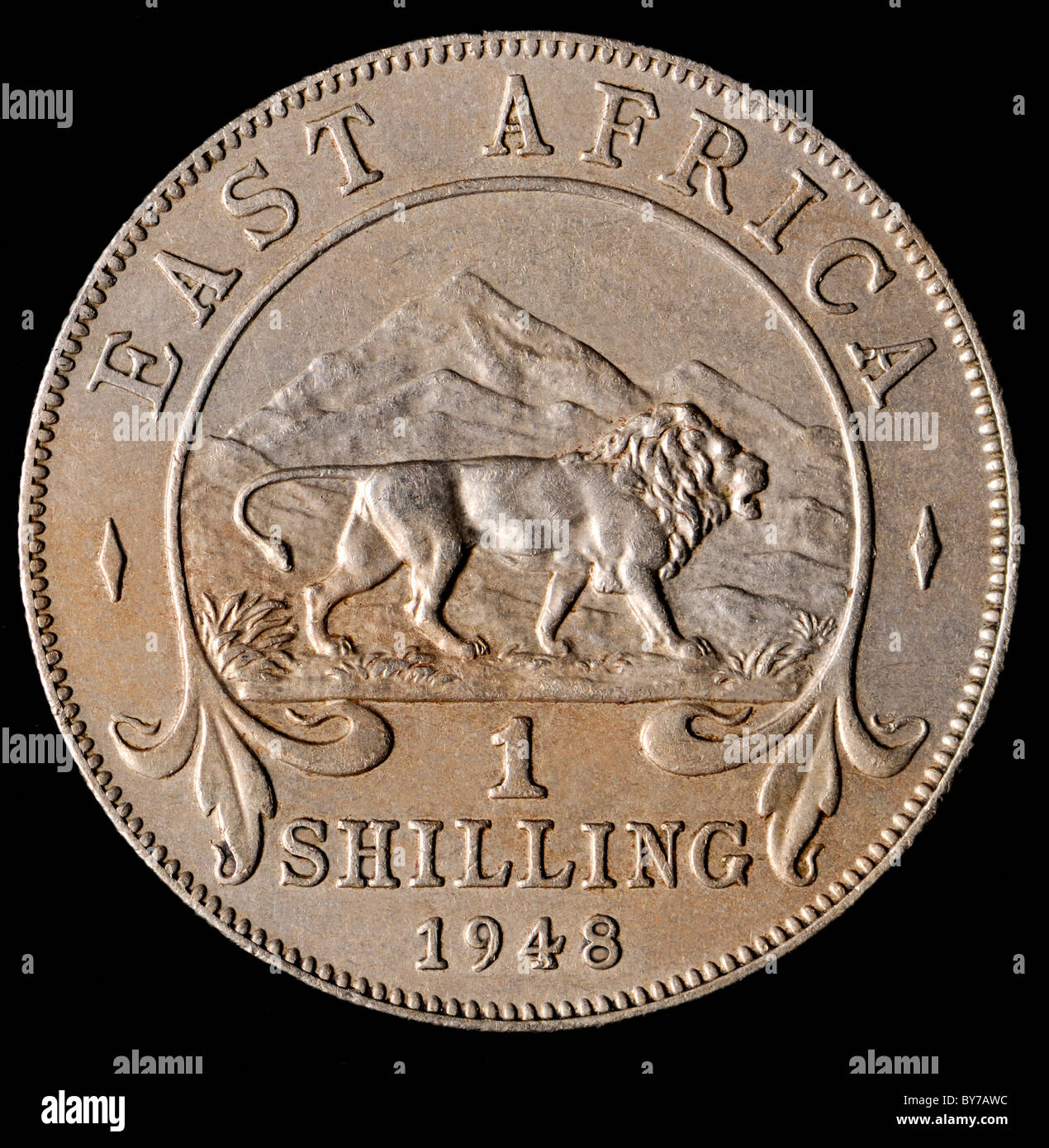 East Africa Shilling from 1948 showing mountains and lion Stock Photo