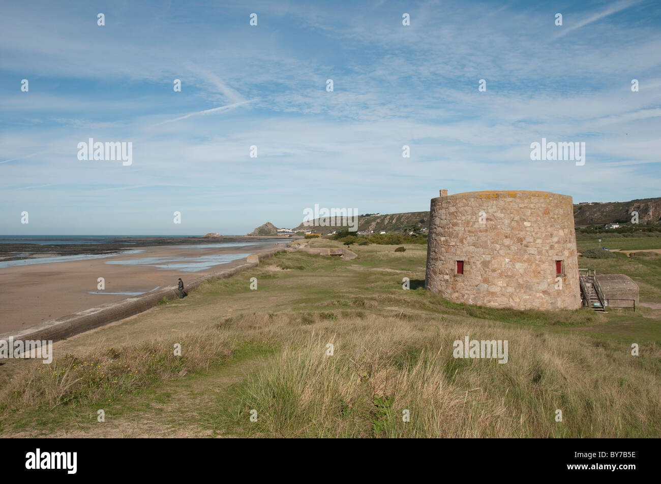 Lewis Tower is one of several fortifications built in St Ouen’s Bay Stock Photo