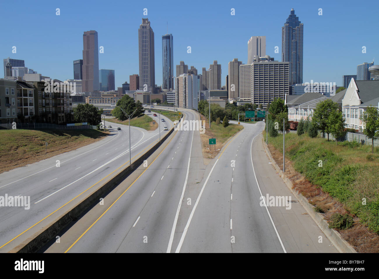 Atlanta Georgia,Freedom Parkway,downtown,skyline,high rise skyscraper skyscrapers building buildings divided highway,expressway,roadway,transportation Stock Photo