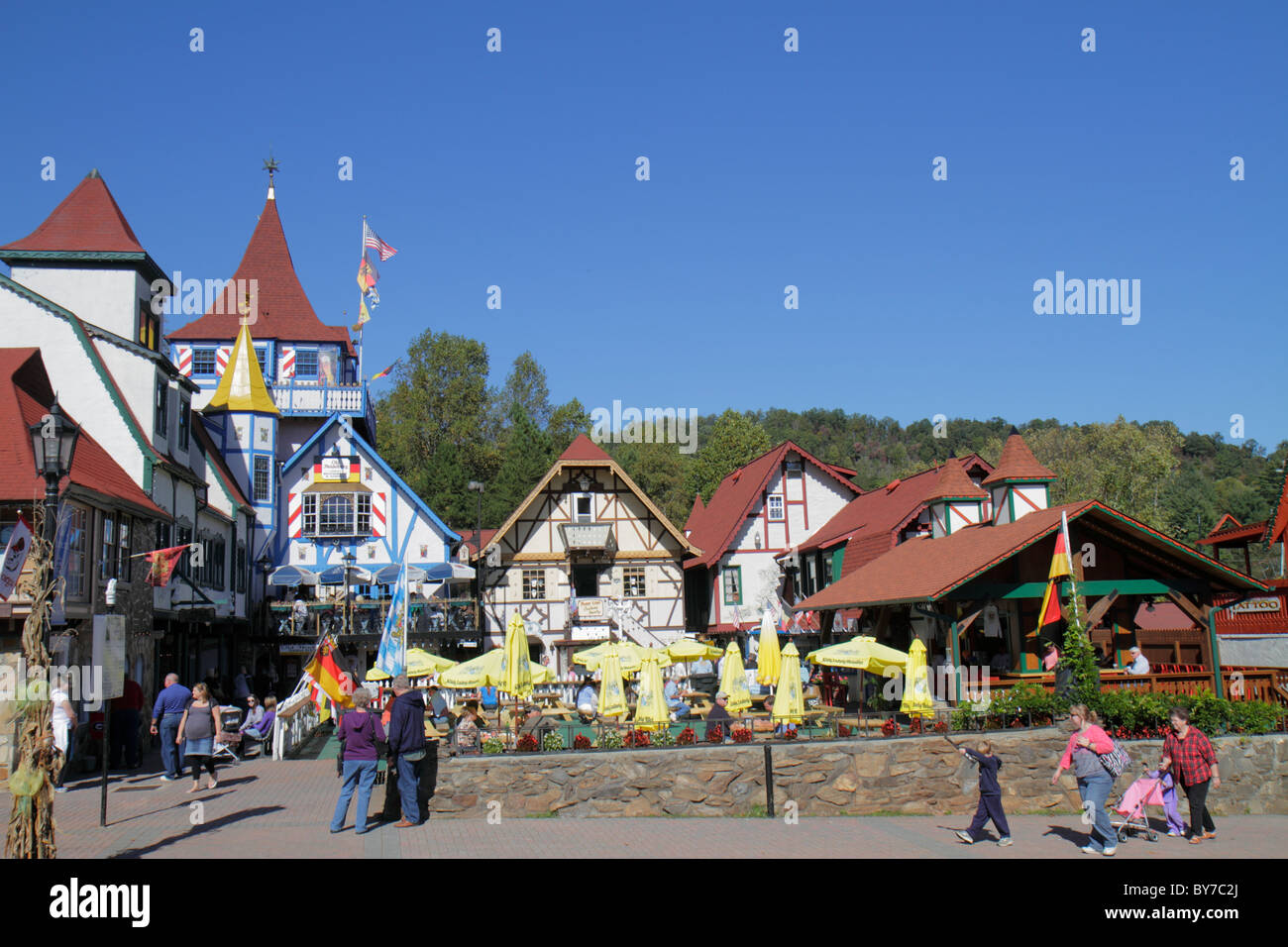 Georgia Helen,German alpine village theme,Octoberfest,Oktoberfest festival,Bavarian architecture,plaza,shops,shopping shopper shoppers shop shops mark Stock Photo