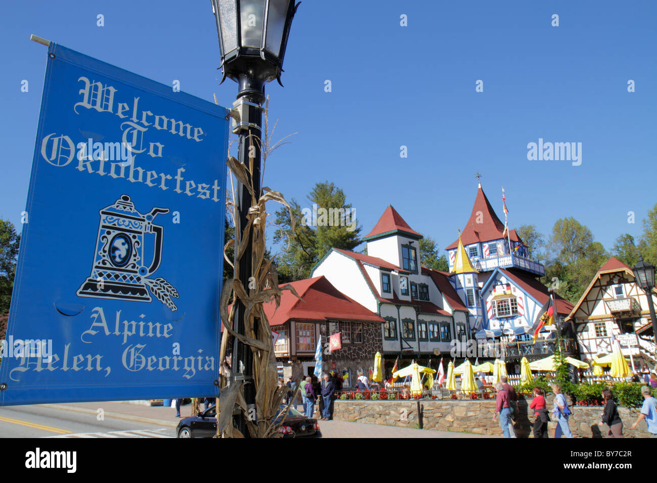 Georgia Helen,German alpine village theme,Octoberfest,Oktoberfest festival,Bavarian architecture,plaza,shops,shopping shopper shoppers shop shops mark Stock Photo