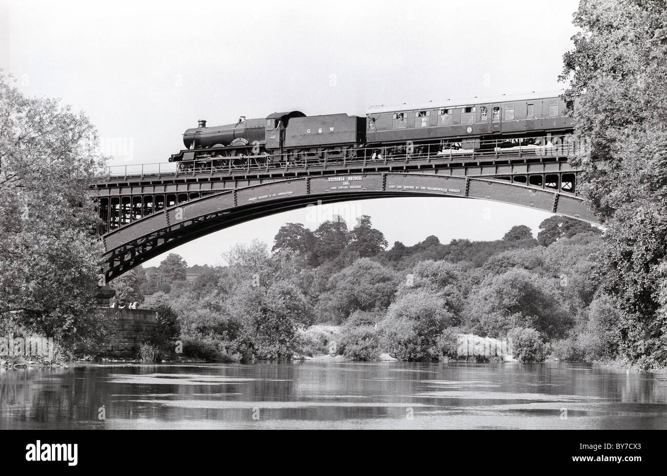 Hagley Hall steam locomotive on Severn Valley Railway Victoria Bridge at Arley Stock Photo