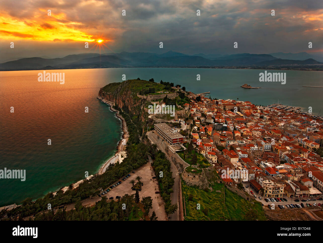 Panoramic view of Nafplio town and the Argolic gulf from Palamidi Castle,  around sunset. Peloponnese, Greece Stock Photo - Alamy