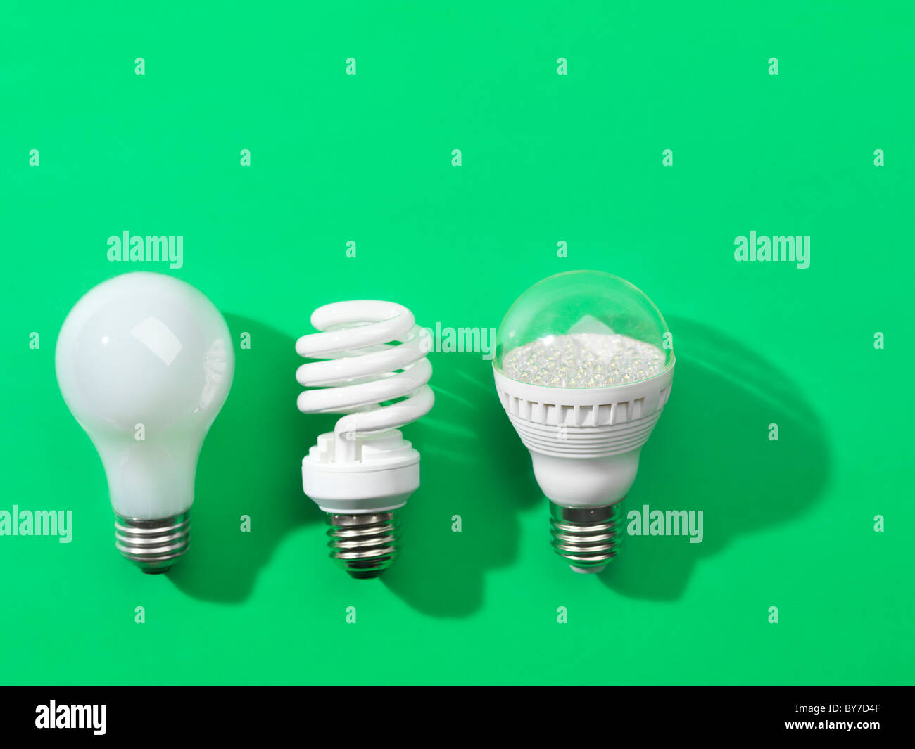 Three generations of light bulbs. Regular incandescent, energy saving
