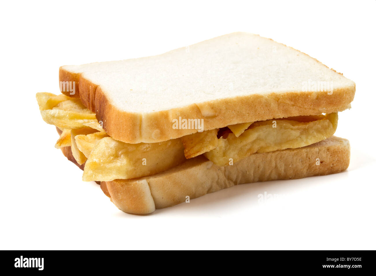 Traditional English chip sandwich isolated on white. Stock Photo