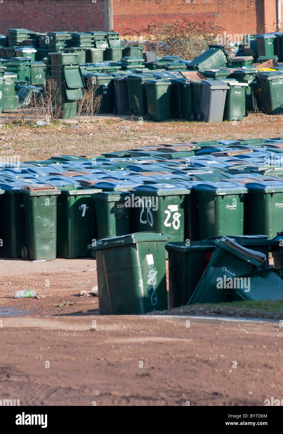 Depot with thousands of green wheelie bins in Coventry, West Midland
