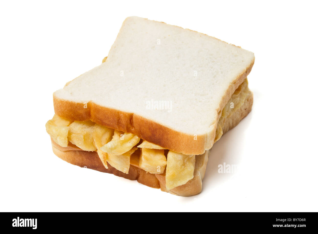 Traditional English chip sandwich isolated on white. Stock Photo