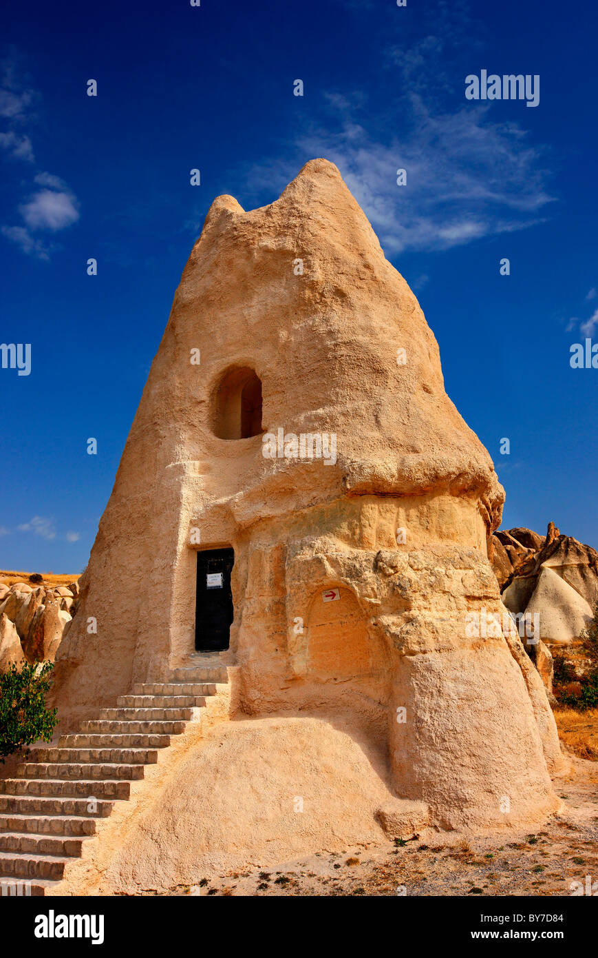 One of the most beautiful rock cut churches, a real 'trademark' of  Cappadocia, is known by the strange name, 'El Nazar' Stock Photo