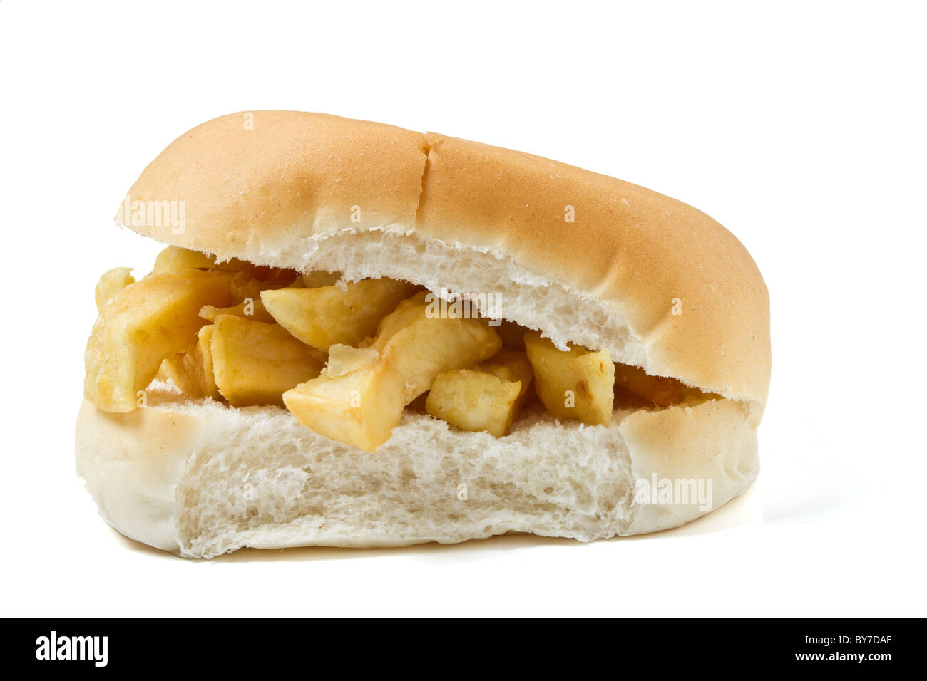 Traditional English chip butty isolated on white. Stock Photo
