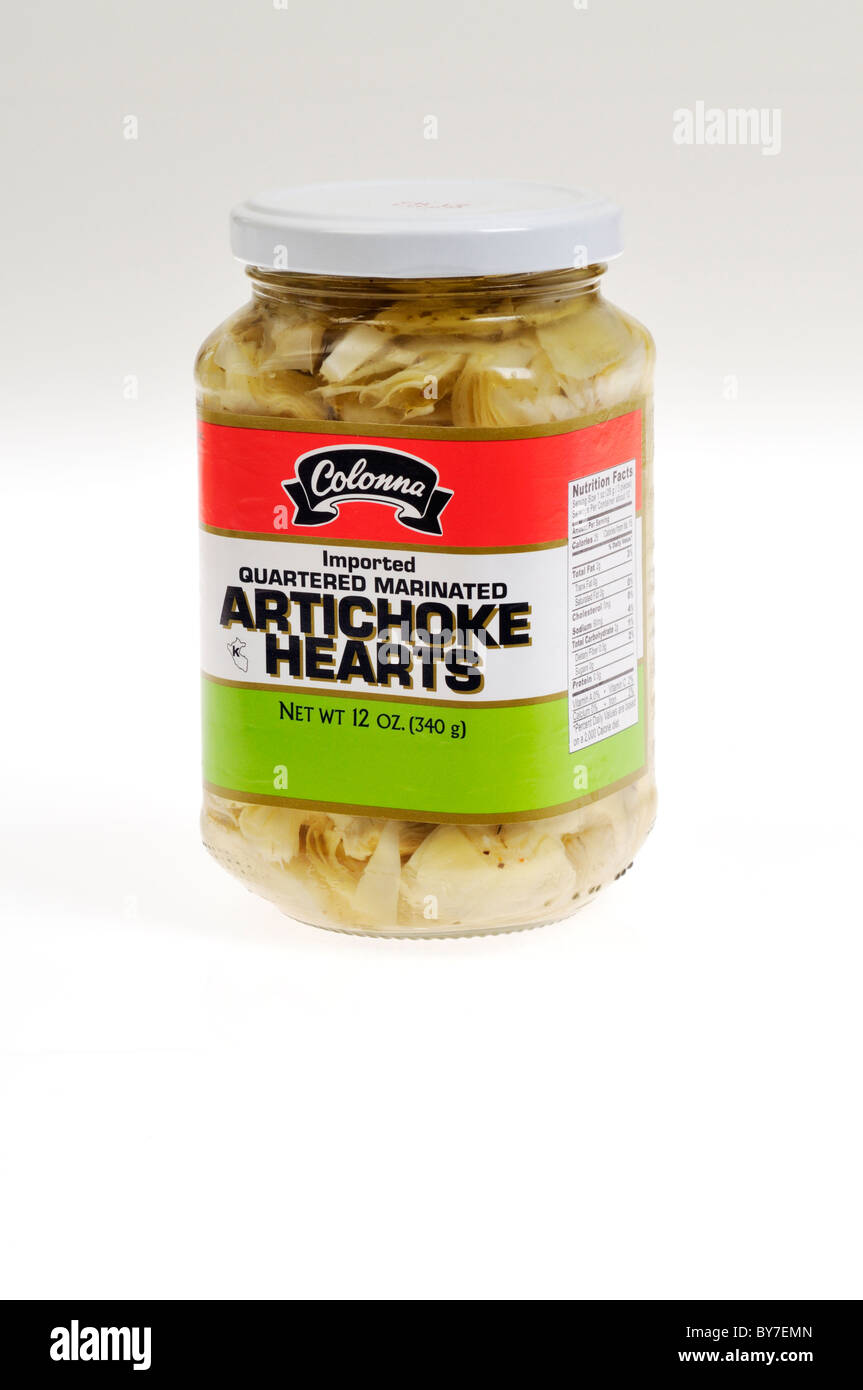 Jar of Marinated Artichoke Hearts on white background, cutout Stock
