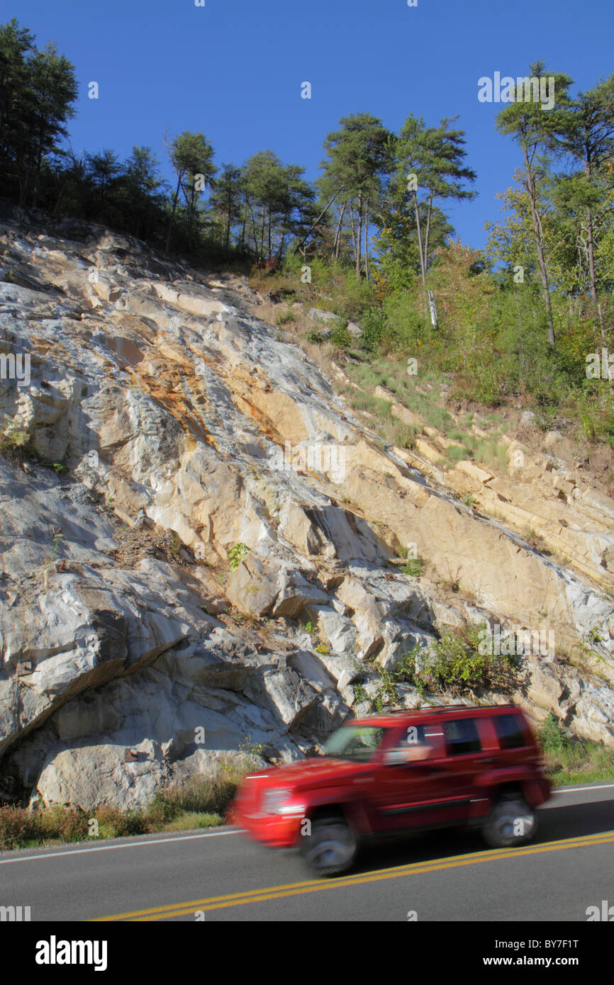 Tennessee,TN,South,Cherokee National Forest,Scenic Highway 64,rock formation,trees,geology,Jeep,moving vehicle,visitors travel traveling tour tourist Stock Photo