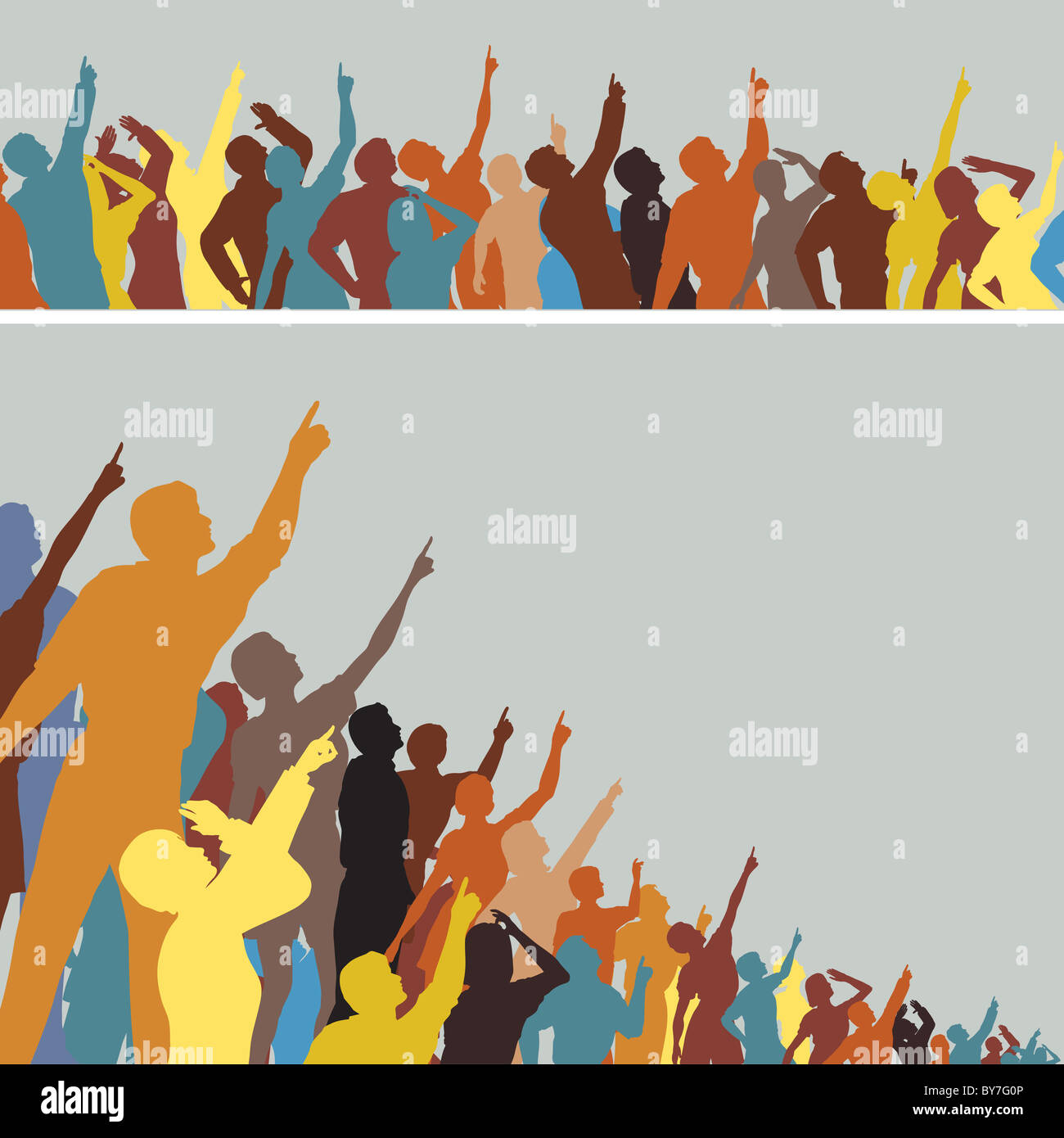 Two colorful illustrated silhouettes of crowds pointing and looking upwards Stock Photo