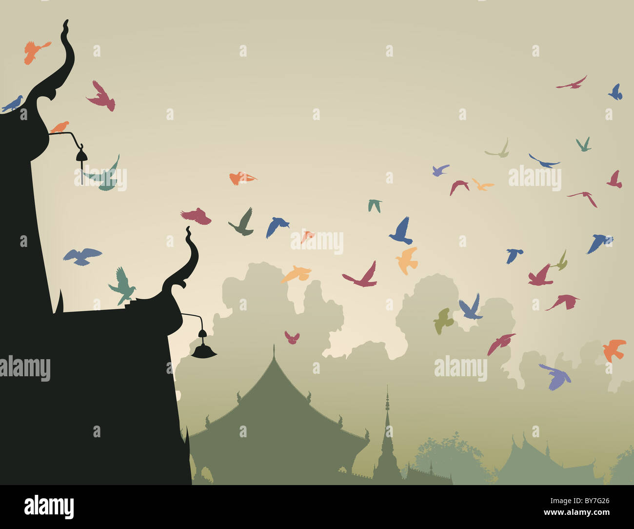 Illustration of colorful pigeons flying to a Buddhist temple roof Stock Photo