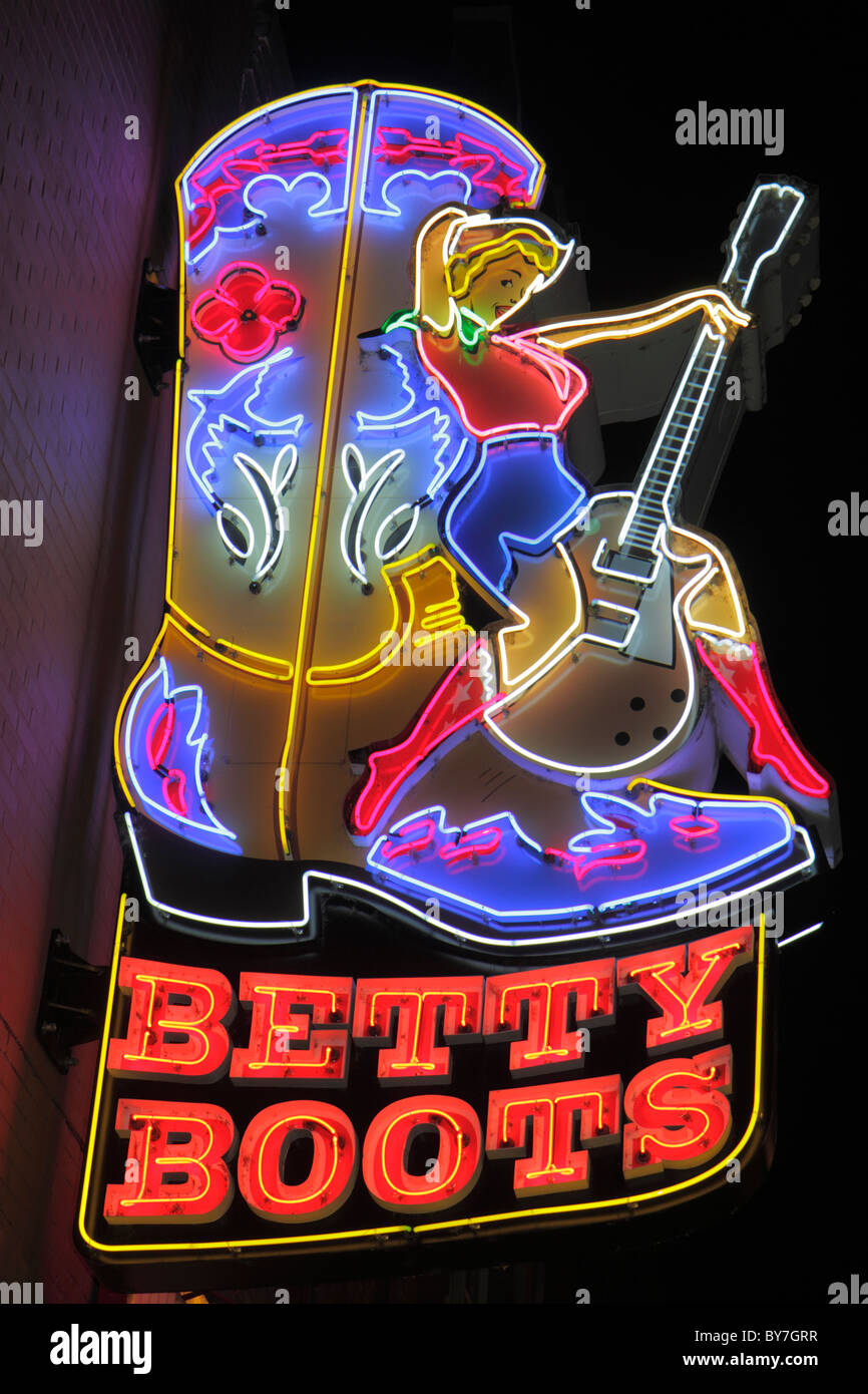 Tennessee Nashville,Music City USA,downtown,Lower Broadway,strip,neon light,sign,Betty Boots,western store,cowboy boot,shopping shopper shoppers shop Stock Photo