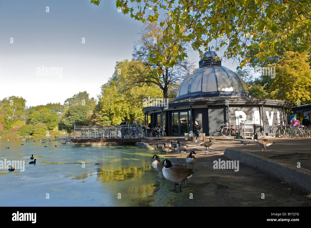 Victoria Park, London with it's Pavilion Cafe and lake Stock Photo