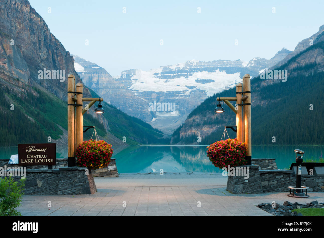 Dawn view of Lake Louise, Banff National Park, From the grounds of Chateau Lake Louise in the Canadian Rockies, Alberta, Canada Stock Photo